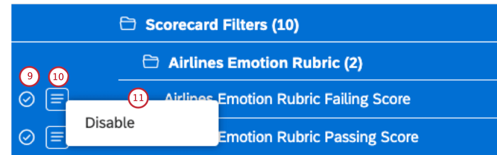 Select 1 or more of these filters using the checkboxes on the left of the actions menu. Expand the actions menu next to 1 of the selected filters. Select Disable.