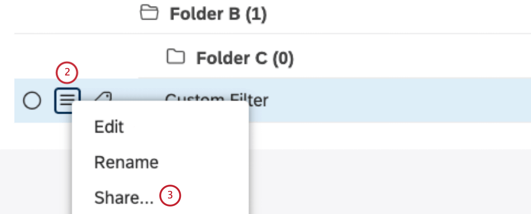 Expand the actions menu next to the filter you wish to share.