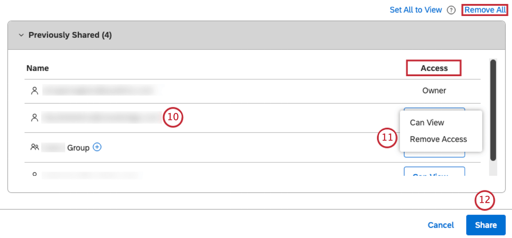 Para dejar de compartir un filtro con un usuario o un grupo, ubique el usuario o grupo en la sección Compartido previamente. Cuando se comparte un filtro con un grupo, eliminar un usuario de ese grupo también hará que el filtro sea inaccesible para ese usuario. Seleccione Eliminar acceso. Alternativamente, para dejar de compartir su filtro con todos, haga clic en Eliminar todo. Hacer clic Compartir .