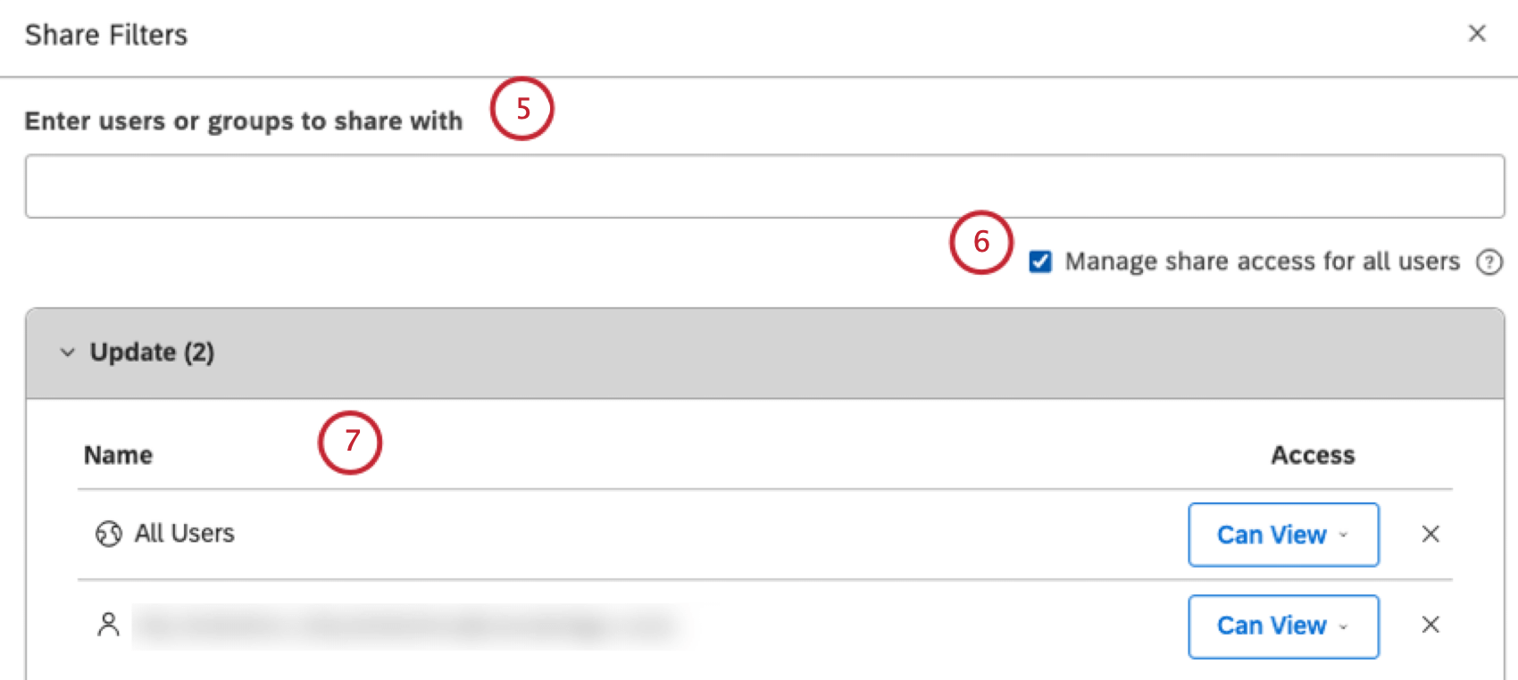 Comience a escribir el nombre y apellido o el correo electrónico de la persona en el cuadro Ingresar usuarios o grupos para compartir, espere a que aparezca en la lista y luego selecciónelo. Para compartir un filtro con grupos de Studio, escriba el nombre del grupo o parte de él en el cuadro, espere a que aparezca en la lista y luego selecciónelo. Para permitir que todos los usuarios existentes y nuevos vean el filtro, seleccione la casilla de verificación Administrar acceso compartido para todos los usuar