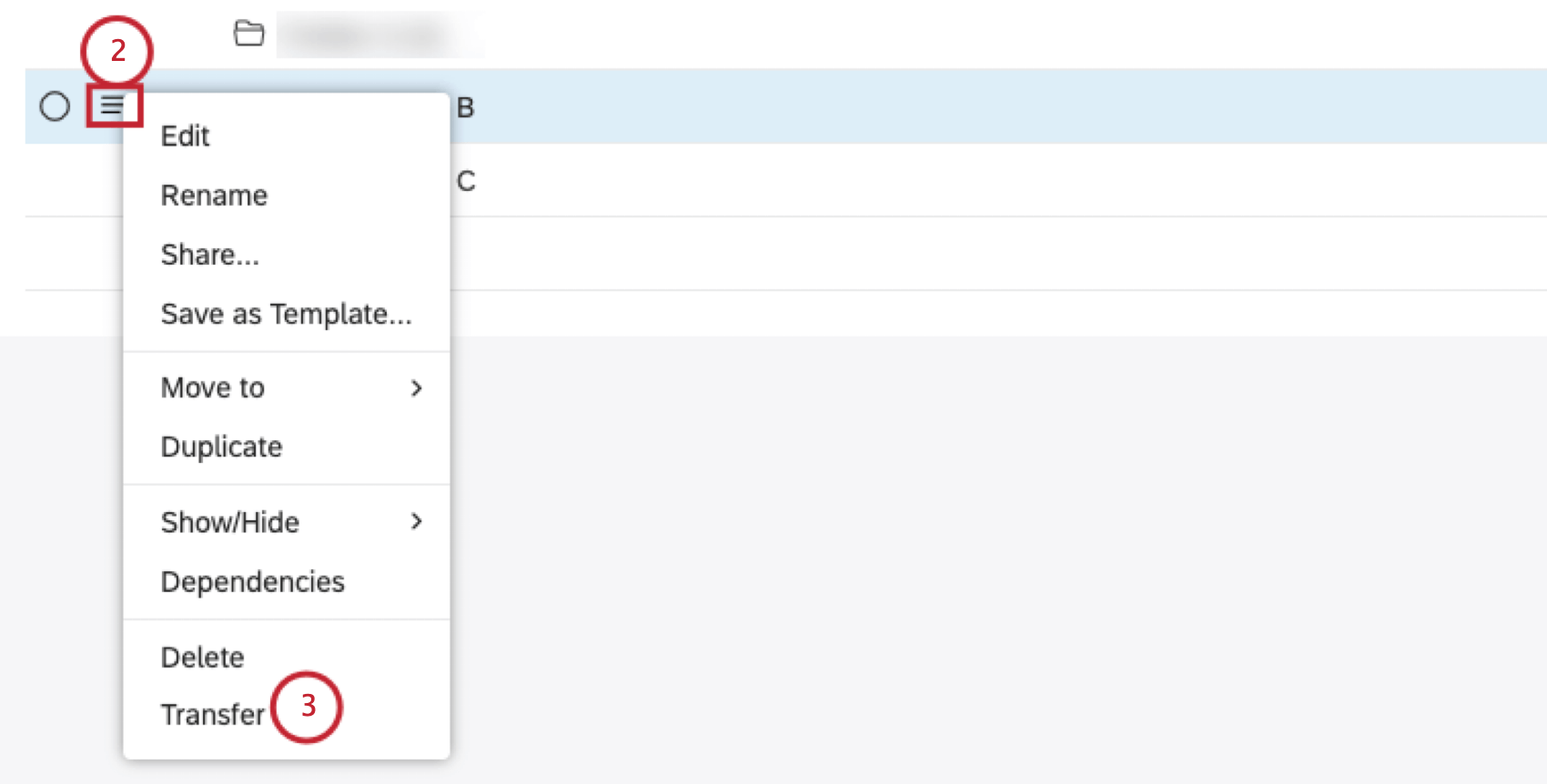 Pour transférer un filtre, développez le menu dactions situé à côté du filtre que vous souhaitez transférer. Sélectionnez Transfert.