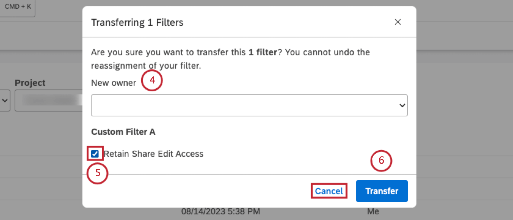 Selecione o e-mail do novo proprietário no menu Novo proprietário. Marque a caixa de seleção Retain Share Edit Access (Manter acesso de edição compartilhada) se quiser manter o acesso em nível de editor aos seus filtros após a transferência (opcional). Clique em Transferir.
