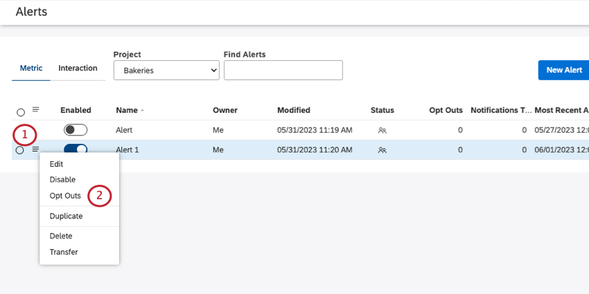 opt out button in the metric alert menu