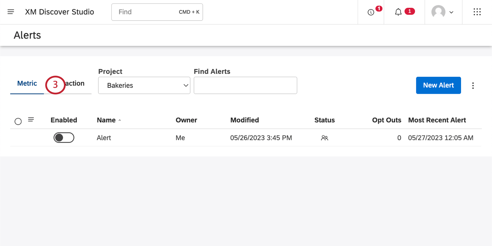 onglet métrique de la page des alertes