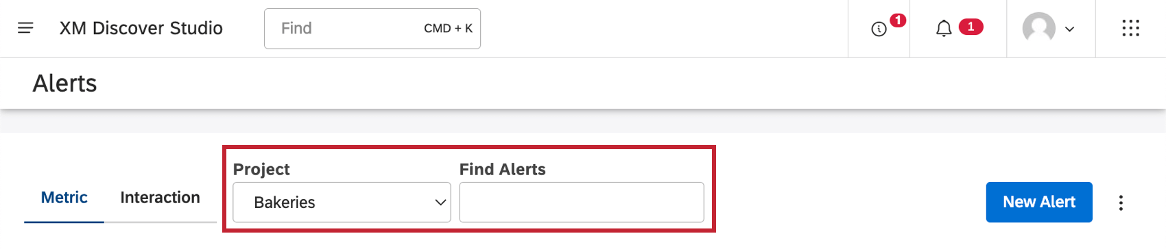 Projekte und Warnungsfelder oben auf der Warnungsseite suchen. Projekt ist eine Menü-Dropdown-Liste. Warnungen suchen ist eine Suchleiste