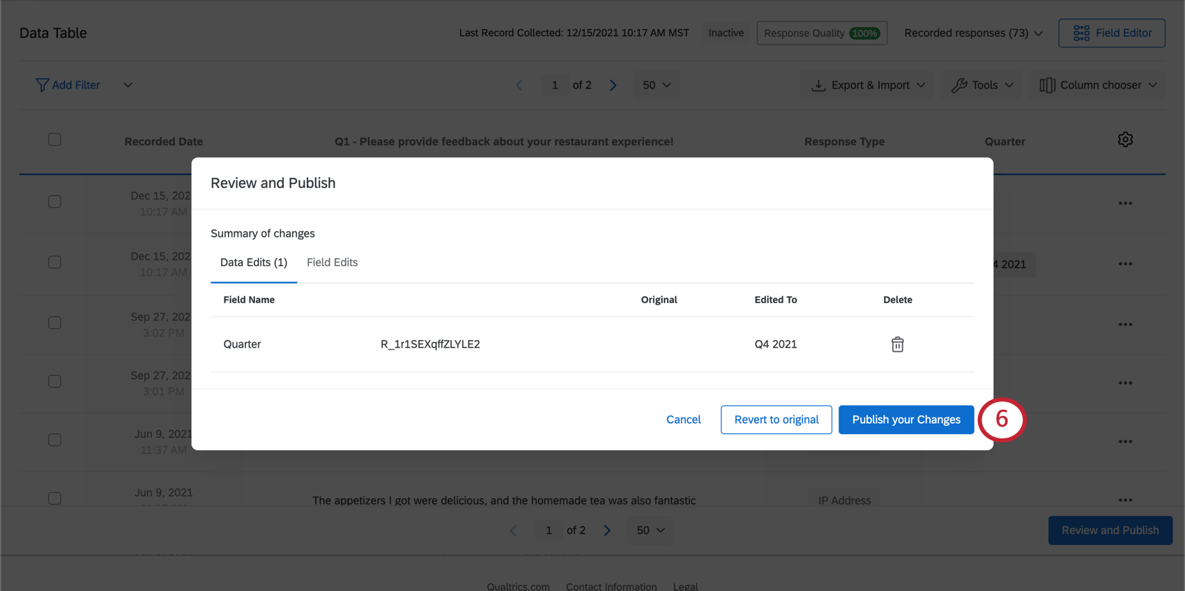 Screenshot of the window where you preview and publish changes; these edits are in the "data edits" tab