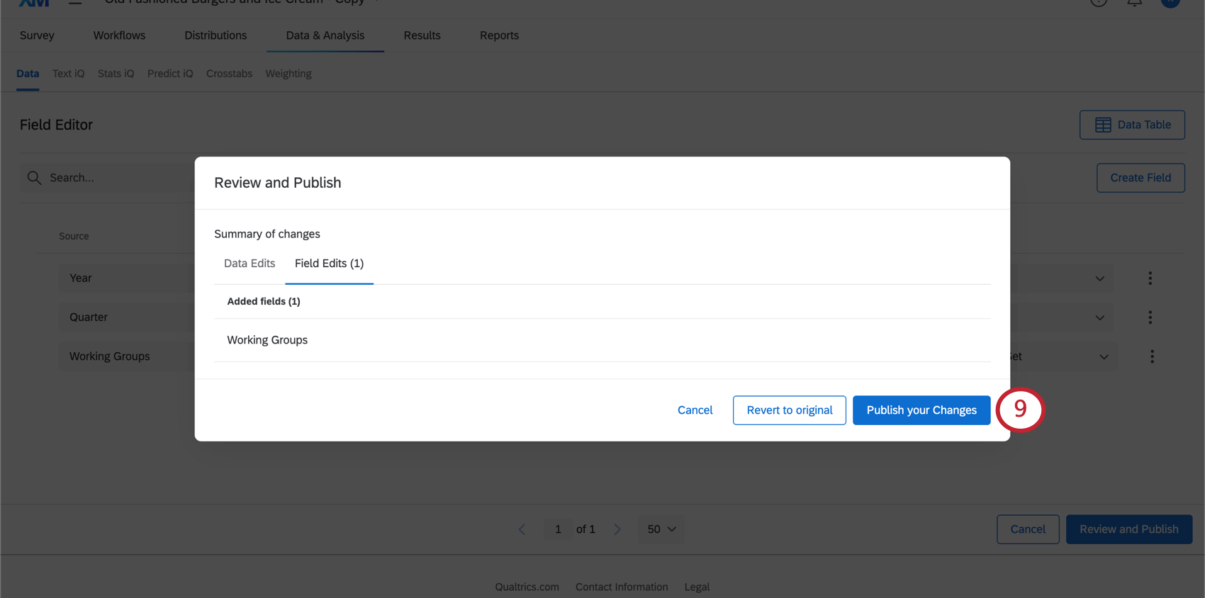 Image of the window where you can review changes before publishing; the "field edits" tab is where these changes will appear