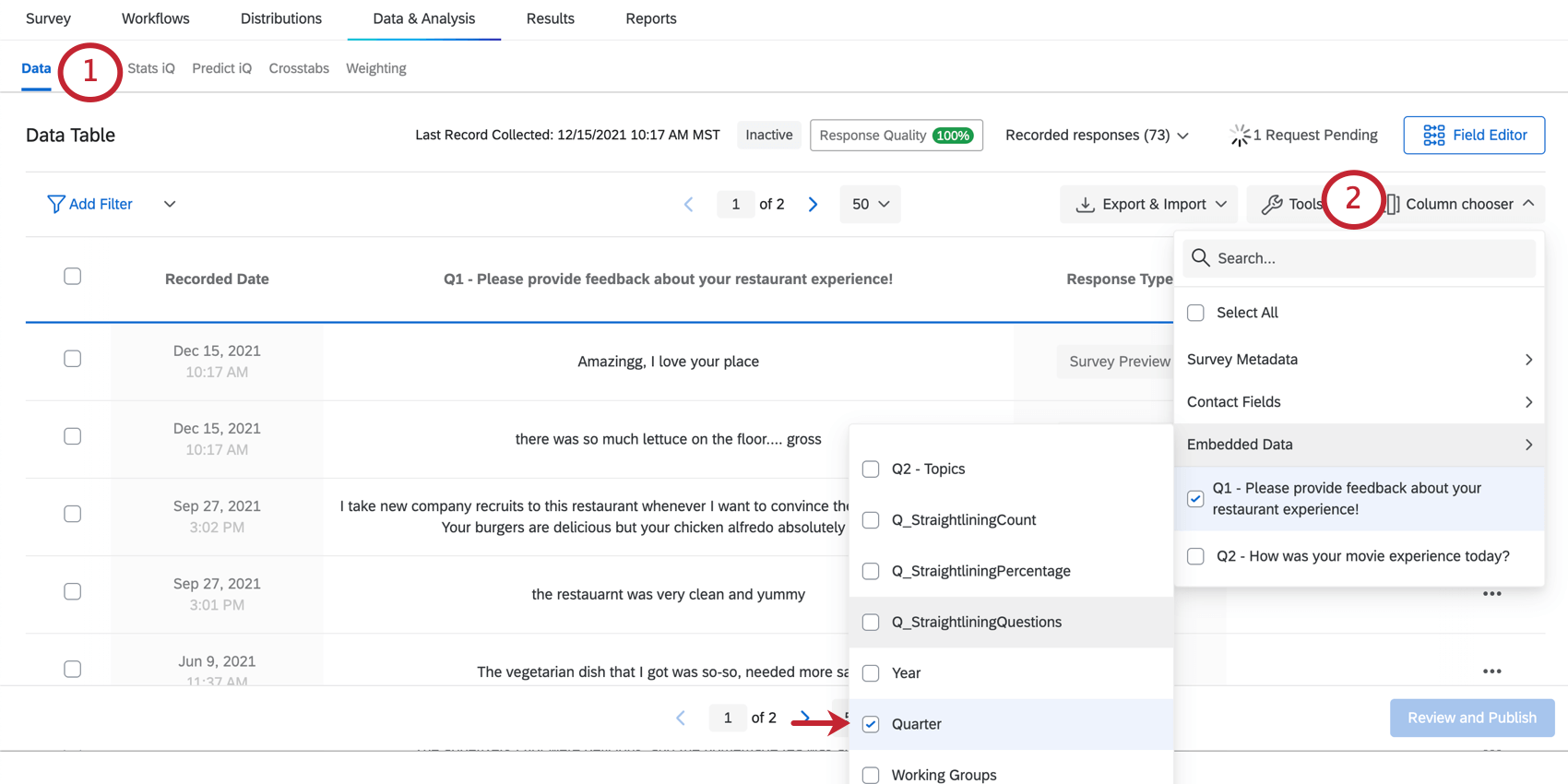 Captura de tela da escolha de uma coluna a ser exibida na guia de dados