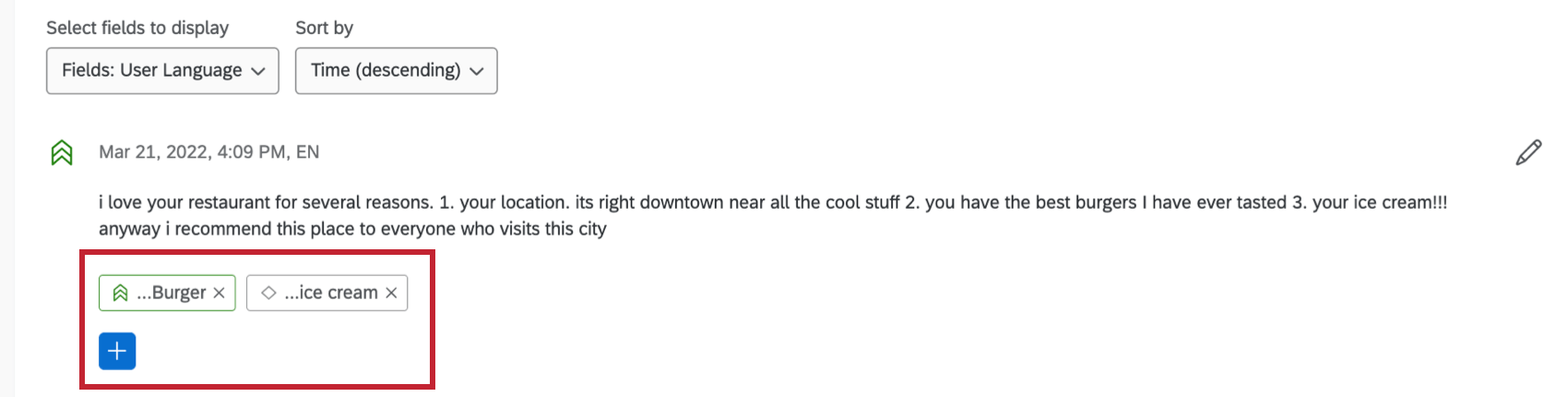 uma imagem de uma resposta, com tópicos na parte inferior. esses tópicos são destacados para chamar a atenção para o sinal de mais azul e o X avançar de cada tópico