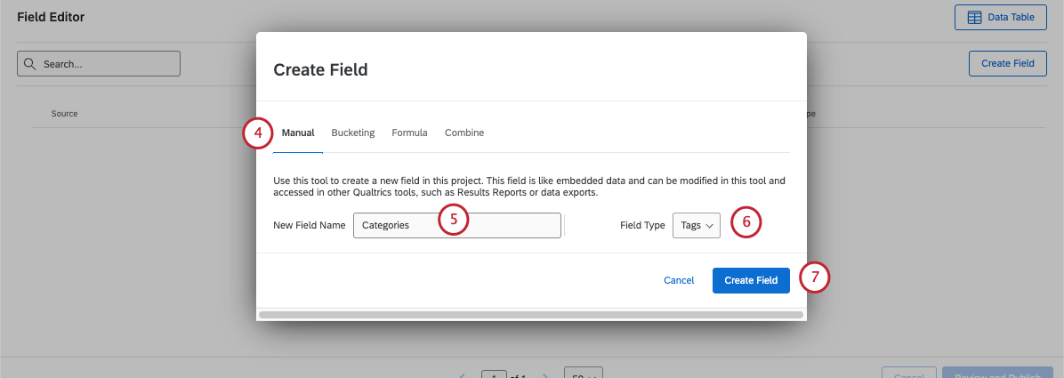 フィールド作成時に開くウィンドウの画像。上部にさまざまなオプションがある