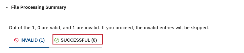 Die Anzahl der erfolgreichen Einträge wird auf der Registerkarte ERFOLGREICH angezeigt.