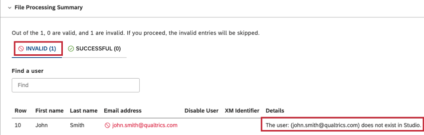 The number of invalid entries will be displayed in the INVALID tab in the File Processing Summary section