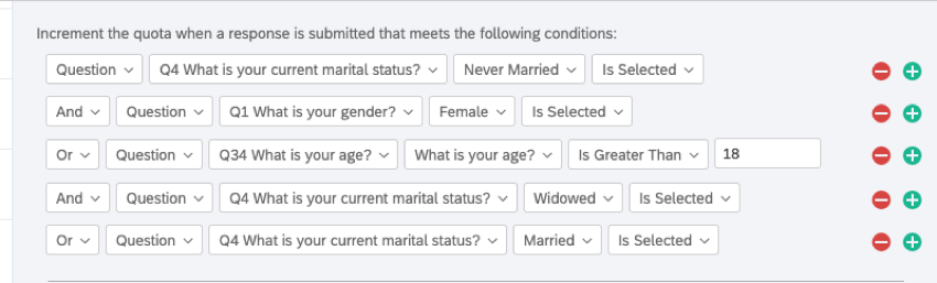 The logic says, If the marital status is never married, and the gender is female, or the age is greater than 18, and the marital status is widowed, or the marital status is married