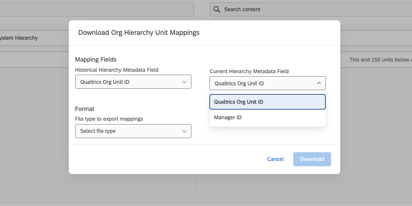 Window that has a column for choosing a metadata field for the historical hierarchy on the left and the current hierarchy on the right. on the bottom is the option to select a file format