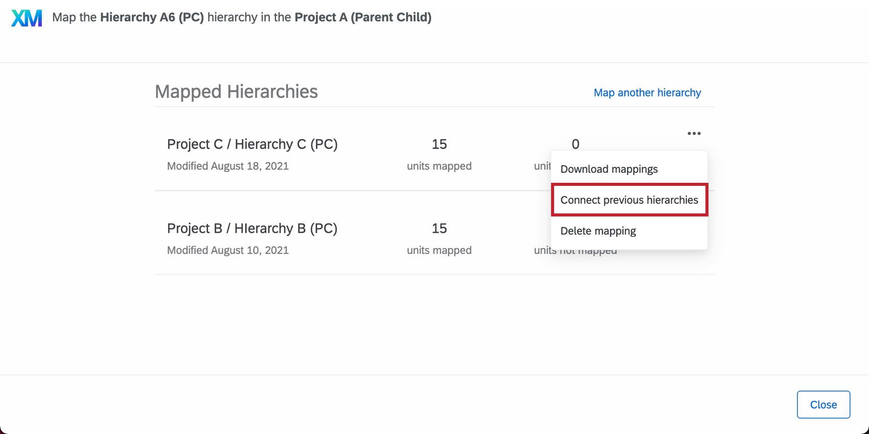 clicking the three dots and then "connect previous hierarchies"