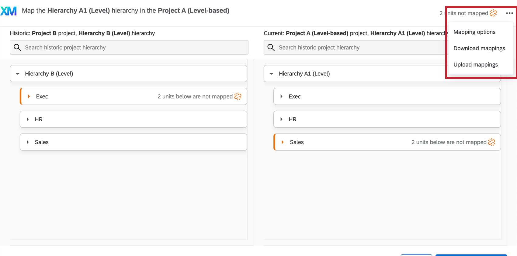 The Options menu in the Hierarchy Mapper opened to reveal Mapping Options, Upload Options, and Download Mapping