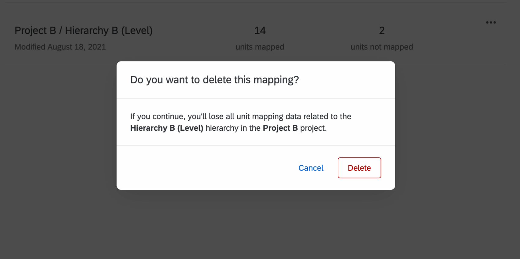 the warning popup when deleting a mapping