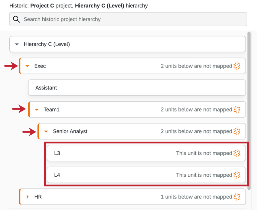 O ícone se parece com um link quebrado em laranja; imagem mostra como as unidades superiores avisarão que há unidades sem link abaixo
