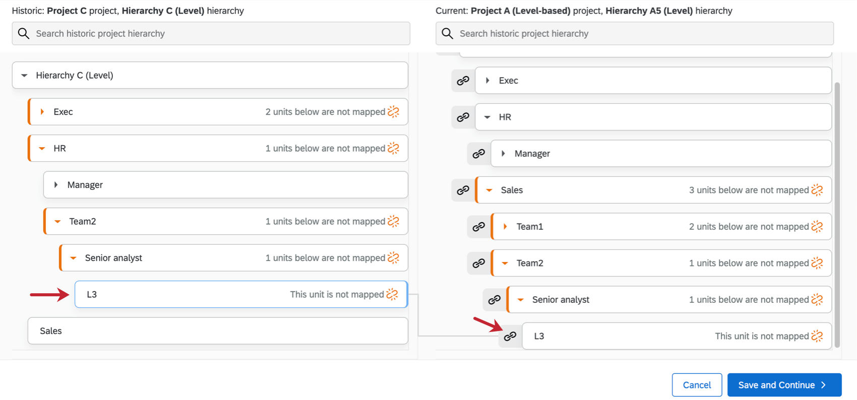 Image of the gray line potentially linking two units, and the link icon you can click on the right to map them together