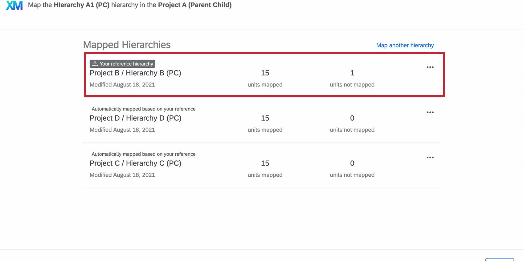 一連の階層マッピングを示すスクリーンショット。濃い灰色のアイコンで強調された階層には「参照階層」と表示されています。