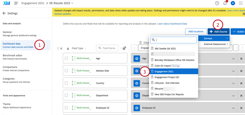 clicking add source and choosing a survey