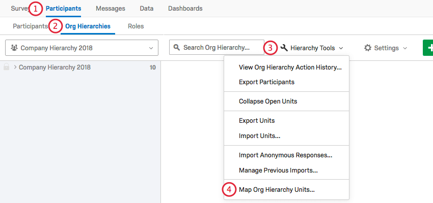 using the org hierarchy tools menu to select map org hierarchy units
