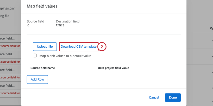 clicking download csv template