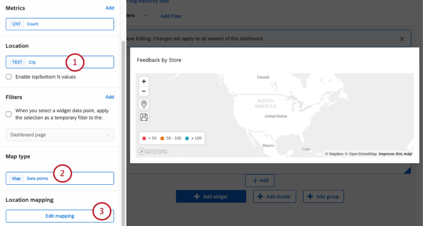 impostazione di base del widget della mappa, quindi il pulsante di modifica della mappatura evidenziato testo