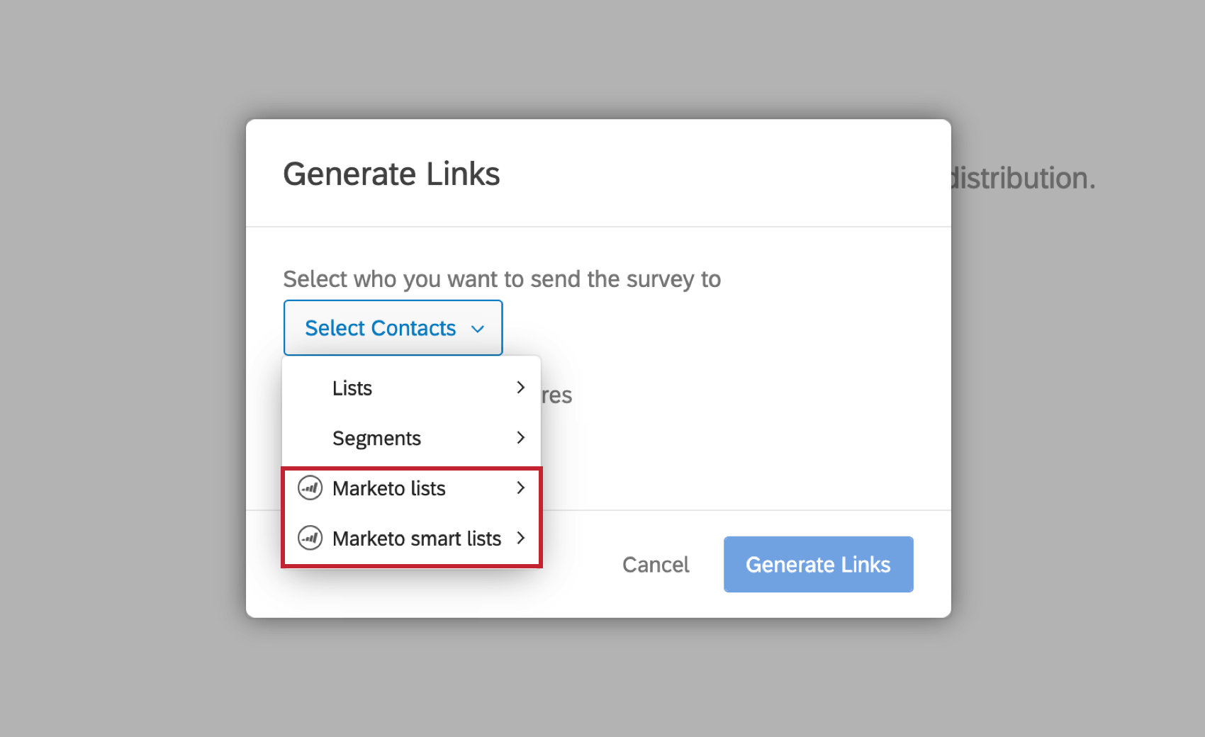Seleccionar listas de Marketo en la ventana de generación de enlaces
