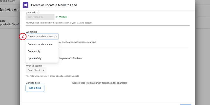 choosing an event type from the dropdown menu