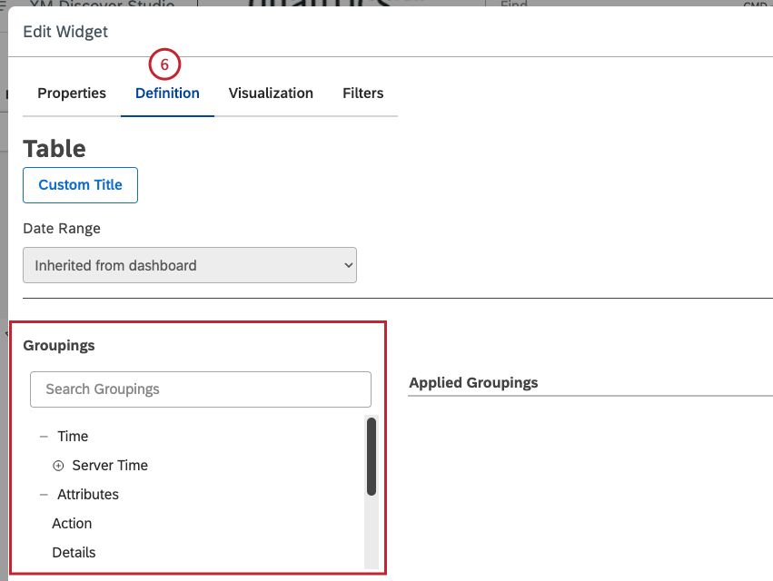 definition tab in edit widget window