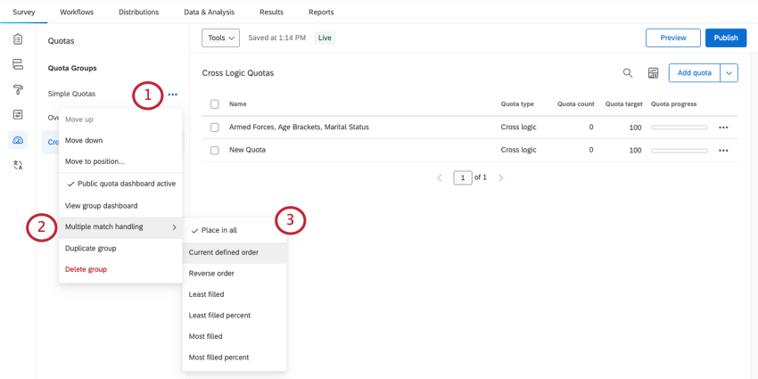 Dropdown-Pfeil weiter Quote im Menü ganz links. Dropdown-Menü zeigt Vorgehensweise bei Mehrfachtreffern