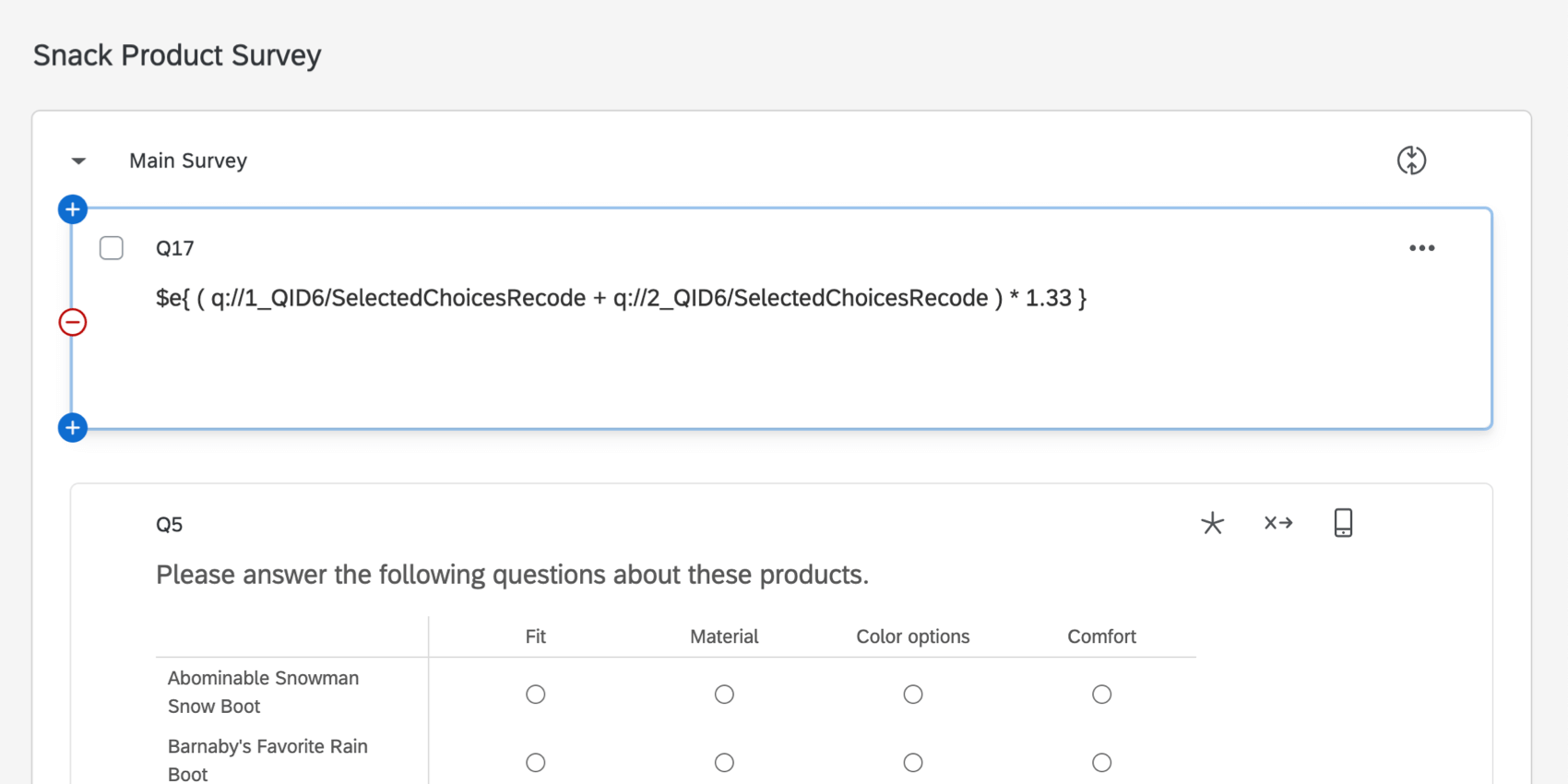 Displaying math operations in the survey editor