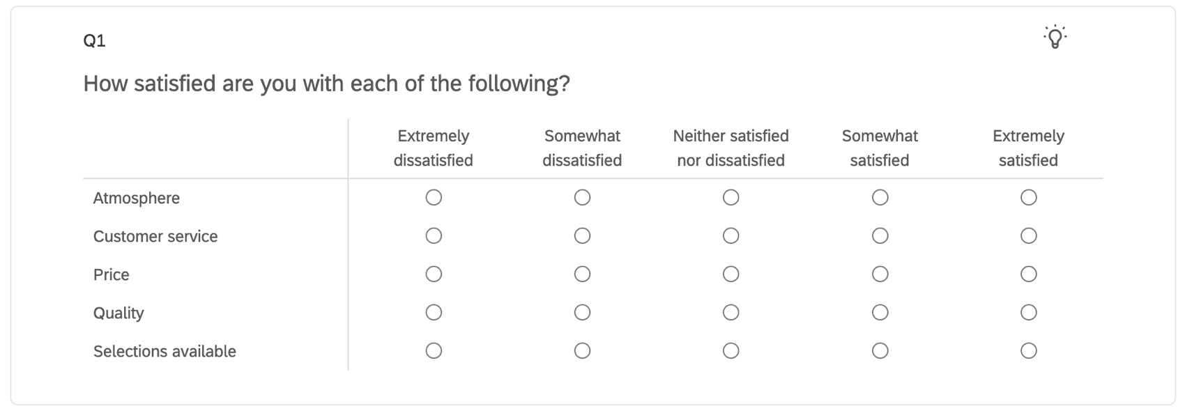 A matrix table in the Survey builder
