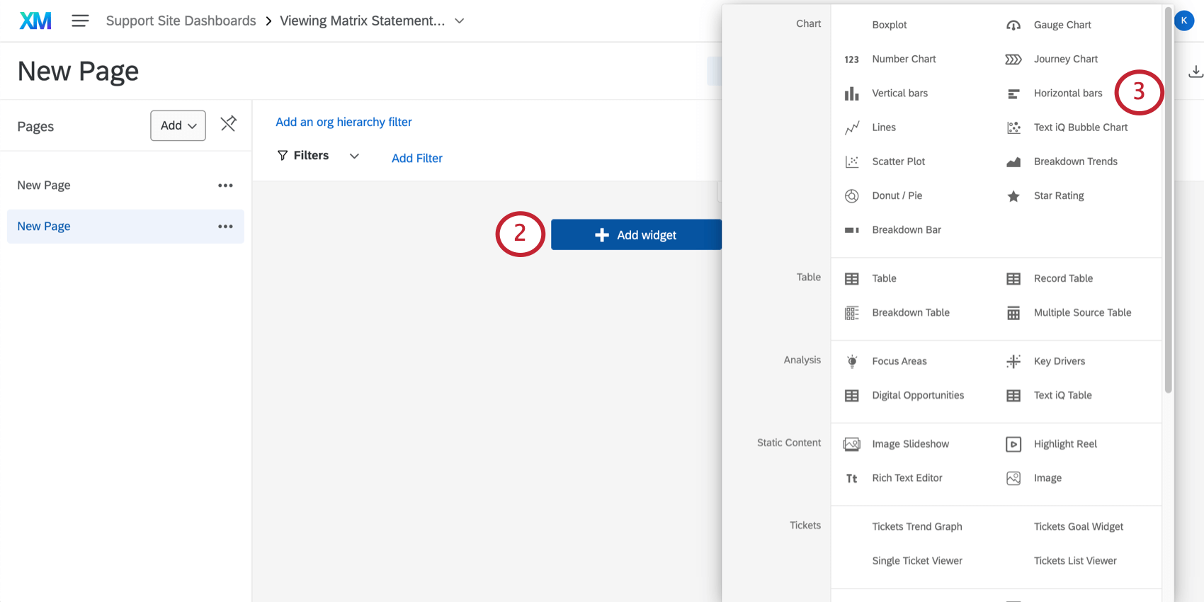 Nella dashboard, si fa clic sul pulsante Aggiungi widget e si seleziona lopzione Barre orizzontali