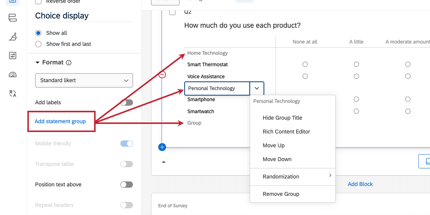 3 statement groups added to a likert matrix table