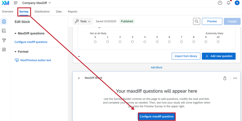 the survey tab of a maxdiff project. the configure maxdiff questions button is highlighted