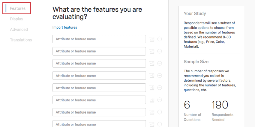 Features selected to the left