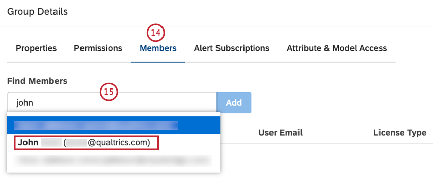 Wählen Sie die Registerkarte Elemente. Um einen Benutzer zu einer Gruppe hinzuzufügen, beginnen Sie mit der Eingabe des Vornamens, Nachnamens oder der E-Mail-Adresse in das Feld Mitglieder suchen, warten Sie, bis der Name oder die E-Mail-Adresse in der Liste angezeigt wird, und wählen Sie ihn aus.