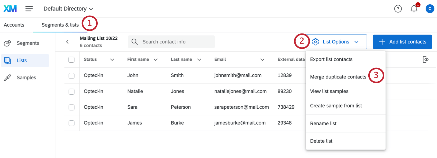 Screenshot of the list options expanded inside a mailing list so you can see merge duplicate contacts