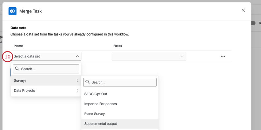 Seleccionar un conjunto de datos dentro de la tarea de fusión