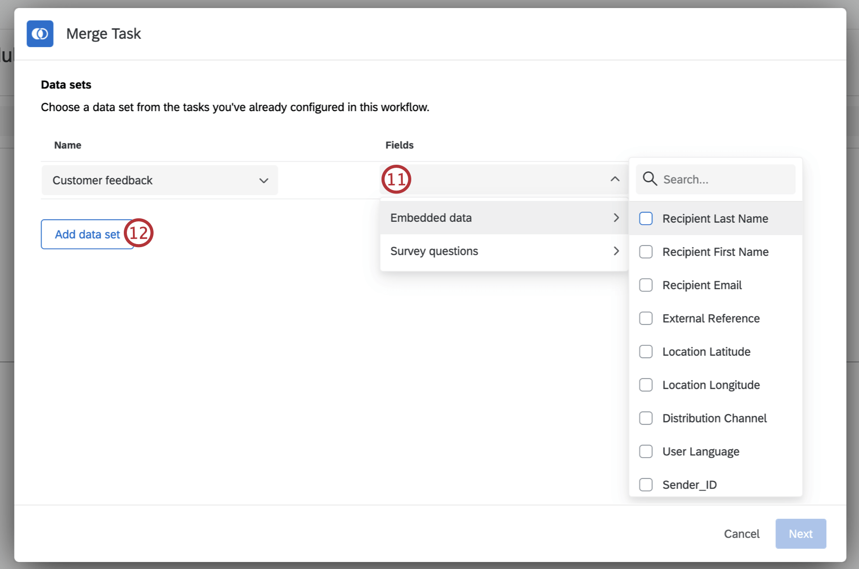 selecting fields to add from your selected data set