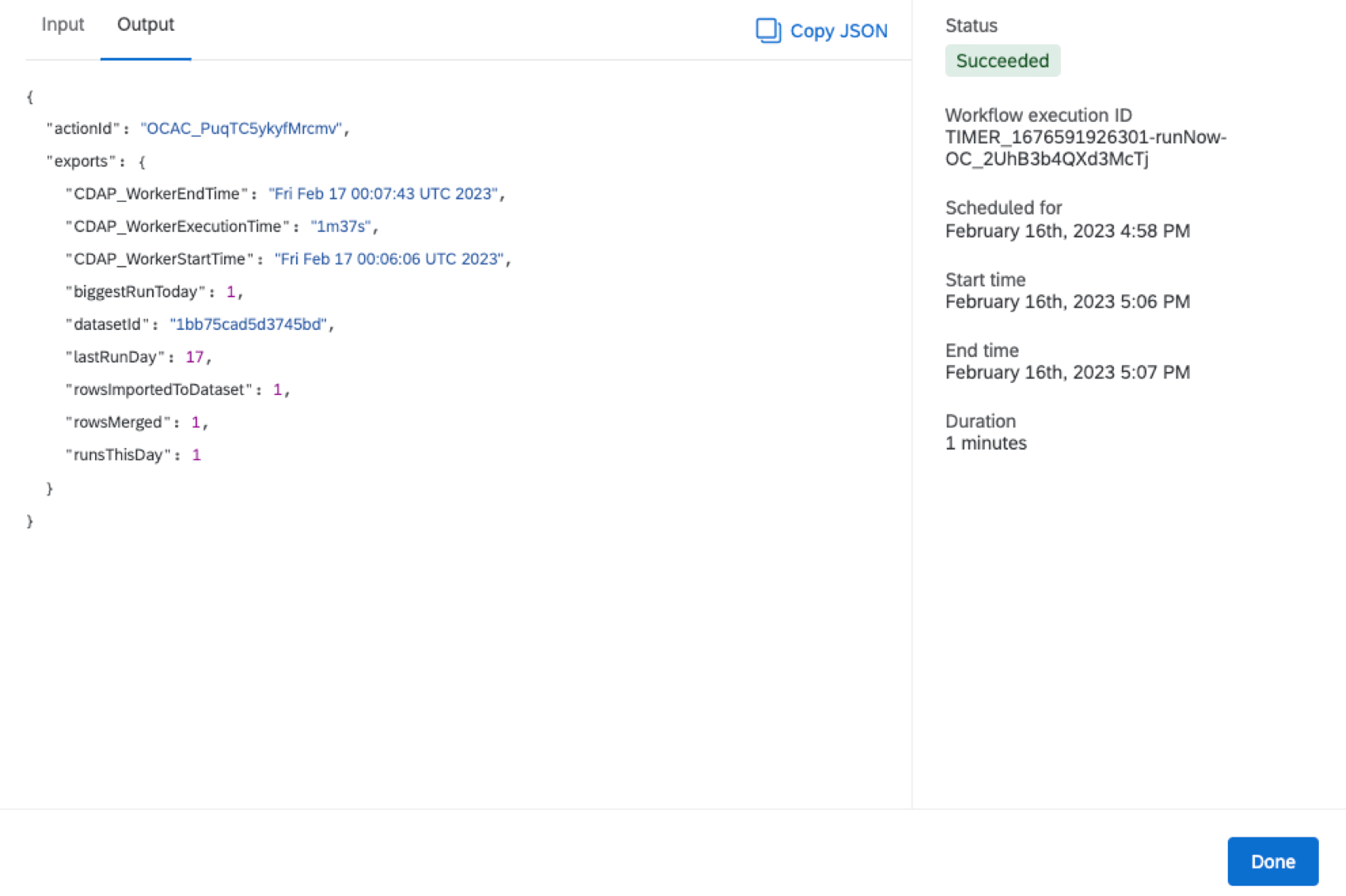 output json within a merge task after execution