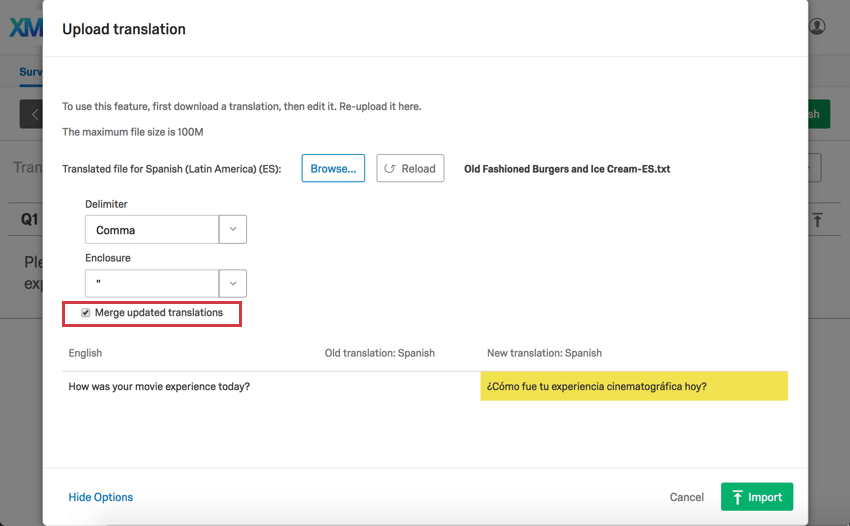La opción Fusionar traducciones aparece encima de la vista previa de la traducción y es una pequeña casilla de verificación.