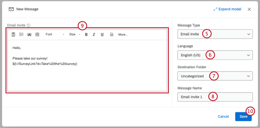 Crea un menú de mensaje nuevo con varias opciones y un cuadro de texto para ingresar el mensaje.