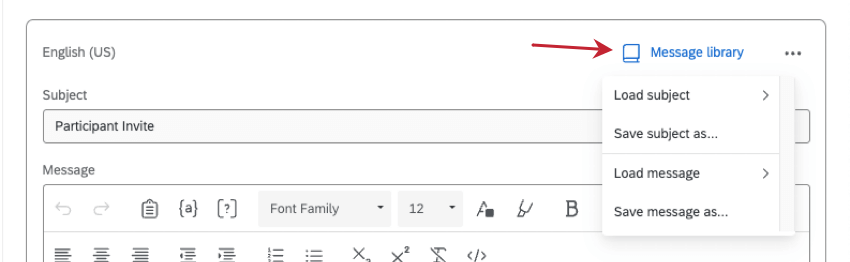 button on message template editor that says message library. once clicked, you see the options load subject, save subject as, load message, and save message as