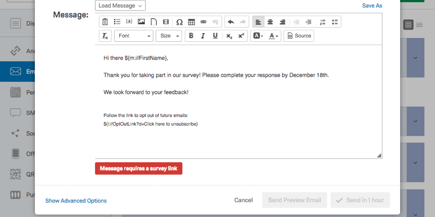 A mensagem de erro na parte inferior do e-mail diz: A mensagem requer um link da pesquisa