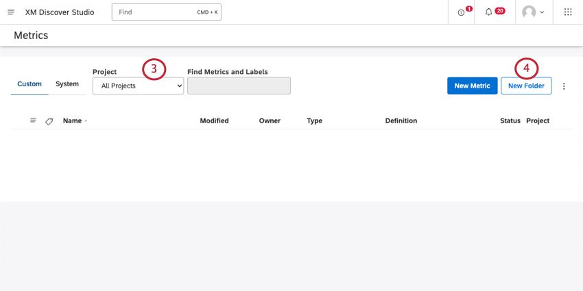 new folder button top of metrics page