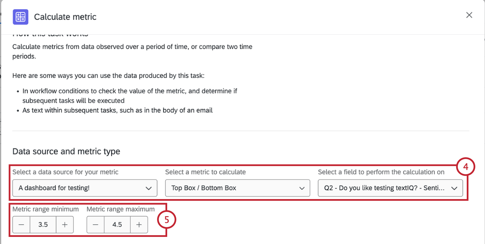 choosing the data source, metric, and adding filters