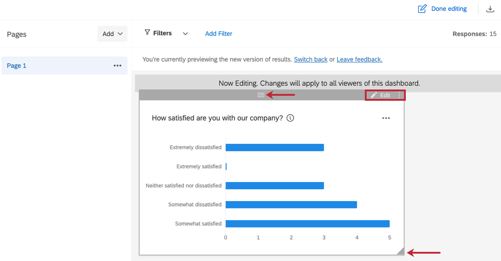 editing, moving, and resizing buttons within a results dashboards widget